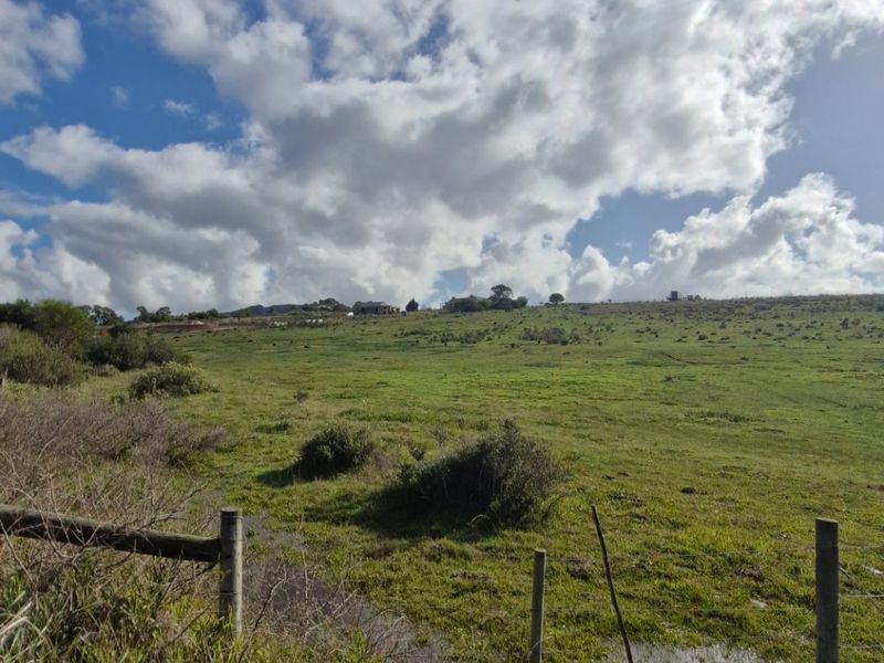 A wide-angle view of the expansive farm landscape featuring rolling green pastures and traditional wire fencing under a cloudy sky.
