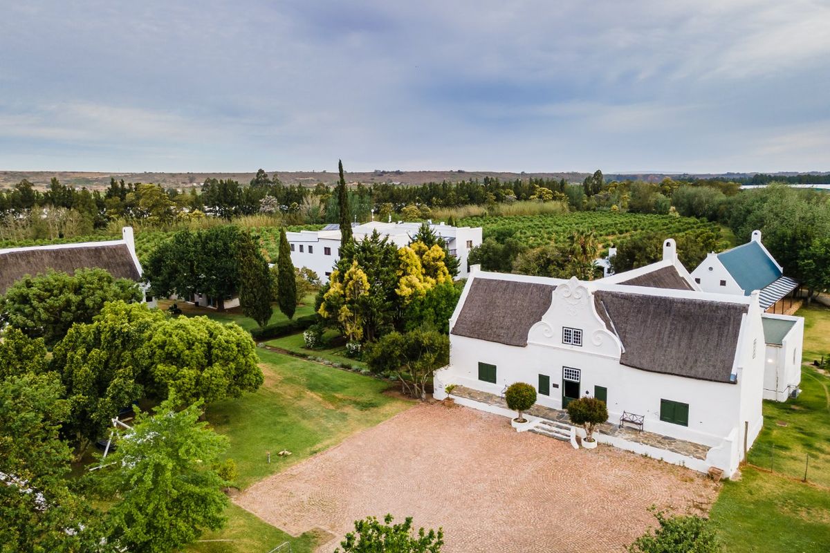 Aerial view of a traditional Cape Dutch style farmstead featuring a white gabled main house with a thatched roof and expansive landscaped grounds.