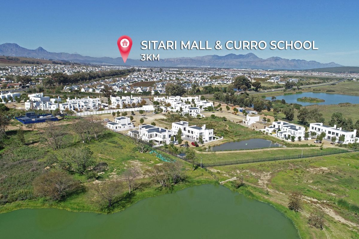 Aerial view of a residential estate featuring natural ponds and proximity to local amenities like Sitari Mall and Curro School.