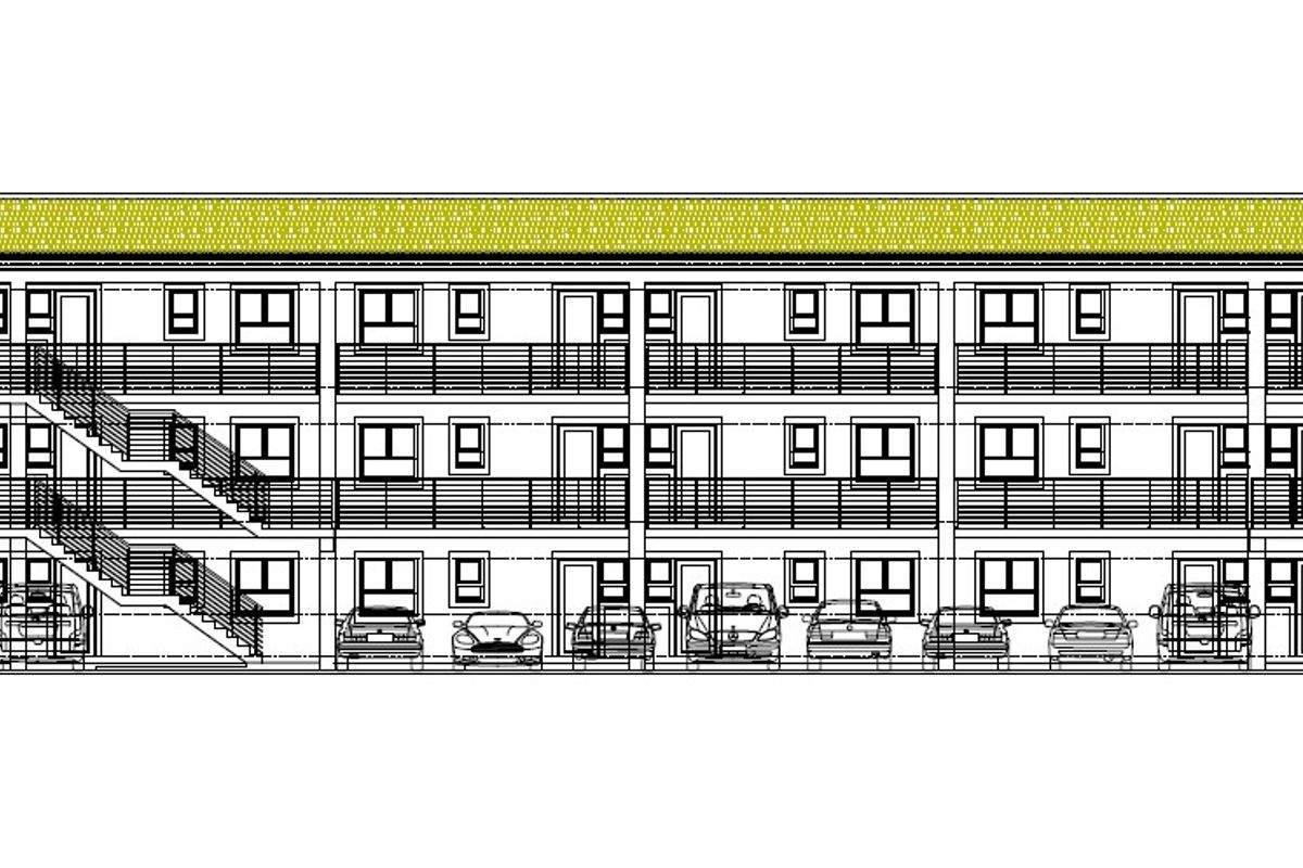 Architectural elevation drawing of a multi-story residential apartment building featuring external staircases and balcony access.