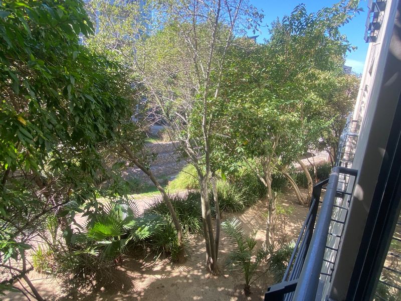 A view from a balcony overlooking a landscaped garden area with mature trees and shrubs.