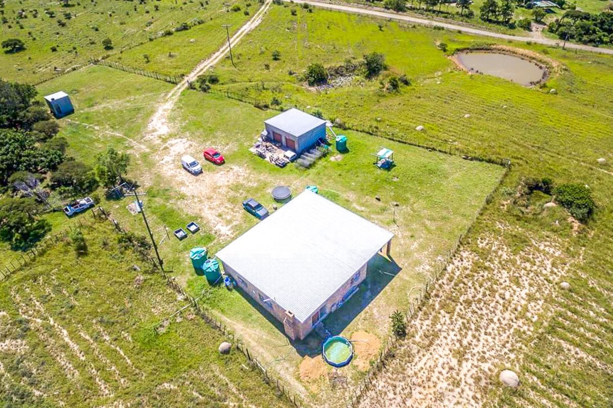 Aerial view of a farm property featuring a main dwelling with a metal roof, a separate outbuilding, water storage tanks, and surrounding grazing land.