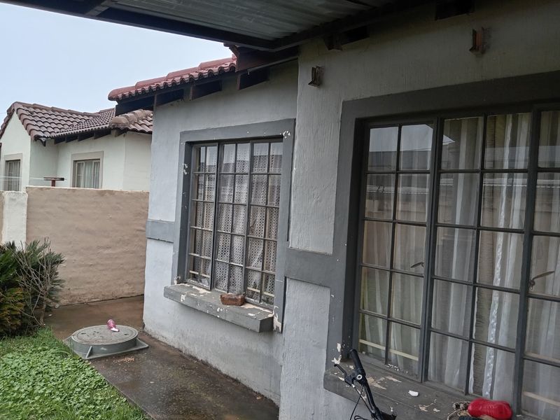 Exterior view of the house showing the rear facade, featuring metal-framed windows, a concrete pathway, and a covered patio area.