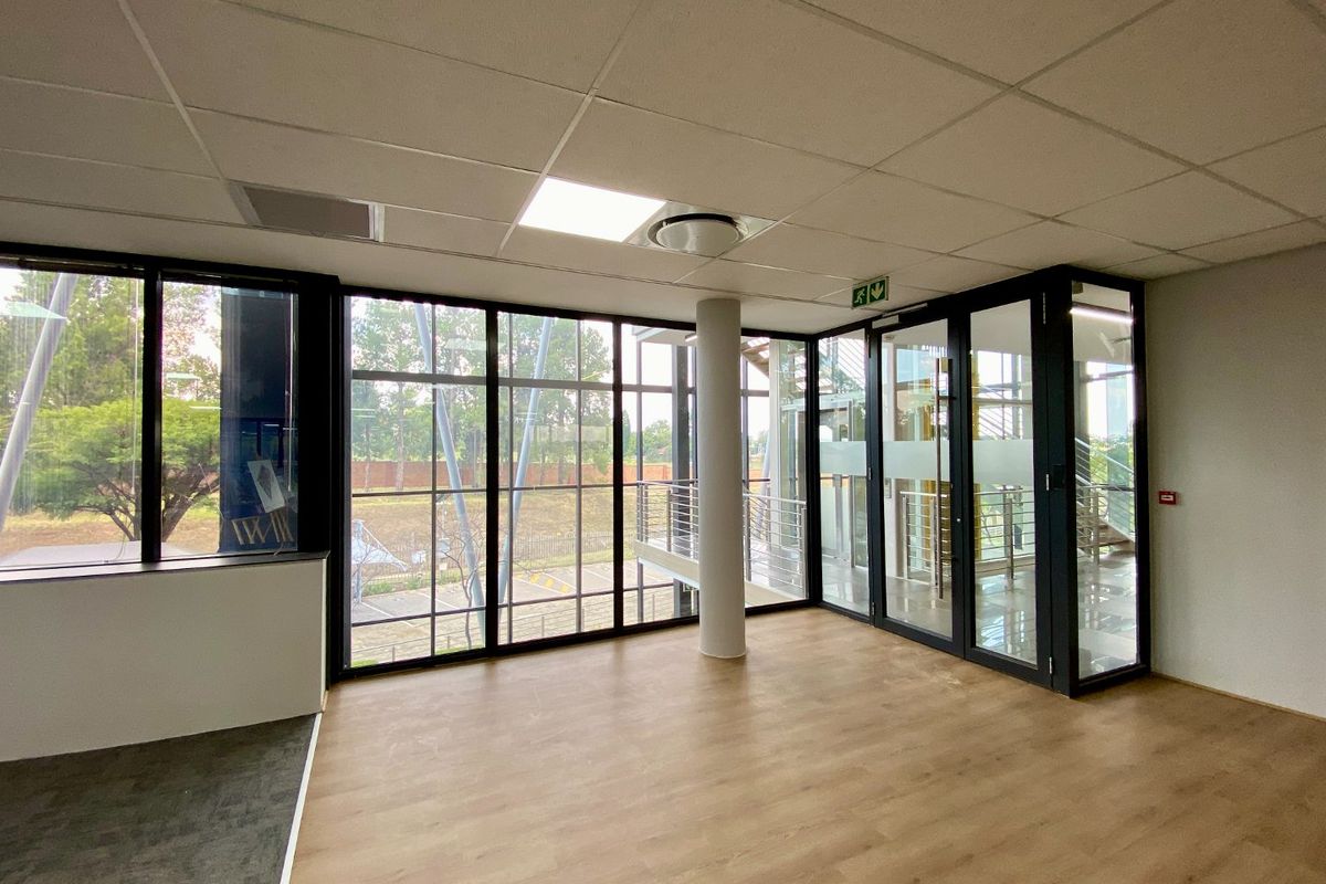 A bright, modern, and vacant office space featuring floor-to-ceiling glass windows, laminate flooring, and a suspended ceiling with recessed lighting.