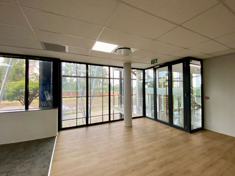 A bright, modern, and vacant office space featuring floor-to-ceiling glass windows, laminate flooring, and a suspended ceiling with recessed lighting.