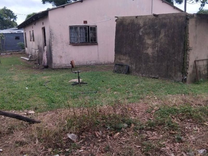 Rear view of a residential property showing a detached structure with significant exterior wear and an unmaintained garden area.