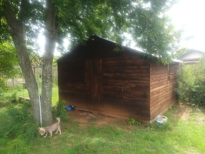 A detached timber utility shed situated in a garden setting, featuring dark wood cladding and a pitched roof structure.