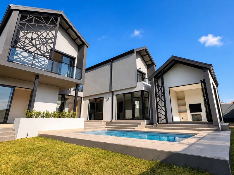 Modern rear exterior featuring a swimming pool, tiled patio area, and contemporary architectural design with large glass sliding doors and decorative metal screens.