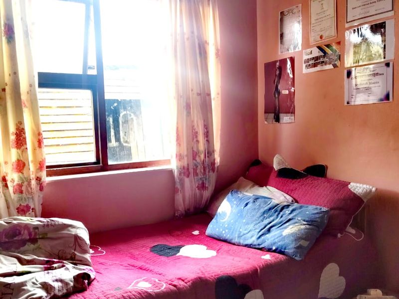 A standard bedroom featuring a window with aluminium frames and coving detail.