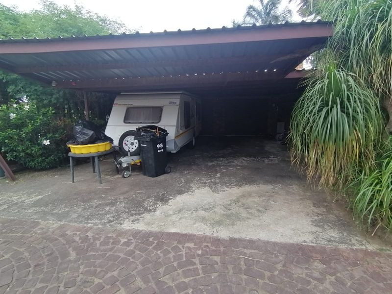 A covered carport area with a concrete driveway, providing sheltered parking space for vehicles.