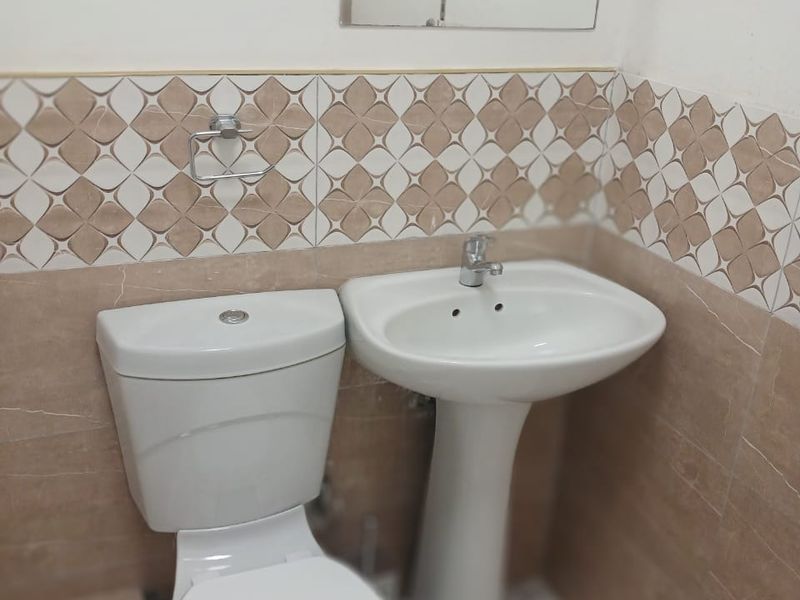 A compact bathroom featuring a white pedestal washbasin, a standard toilet, and decorative patterned wall tiling.