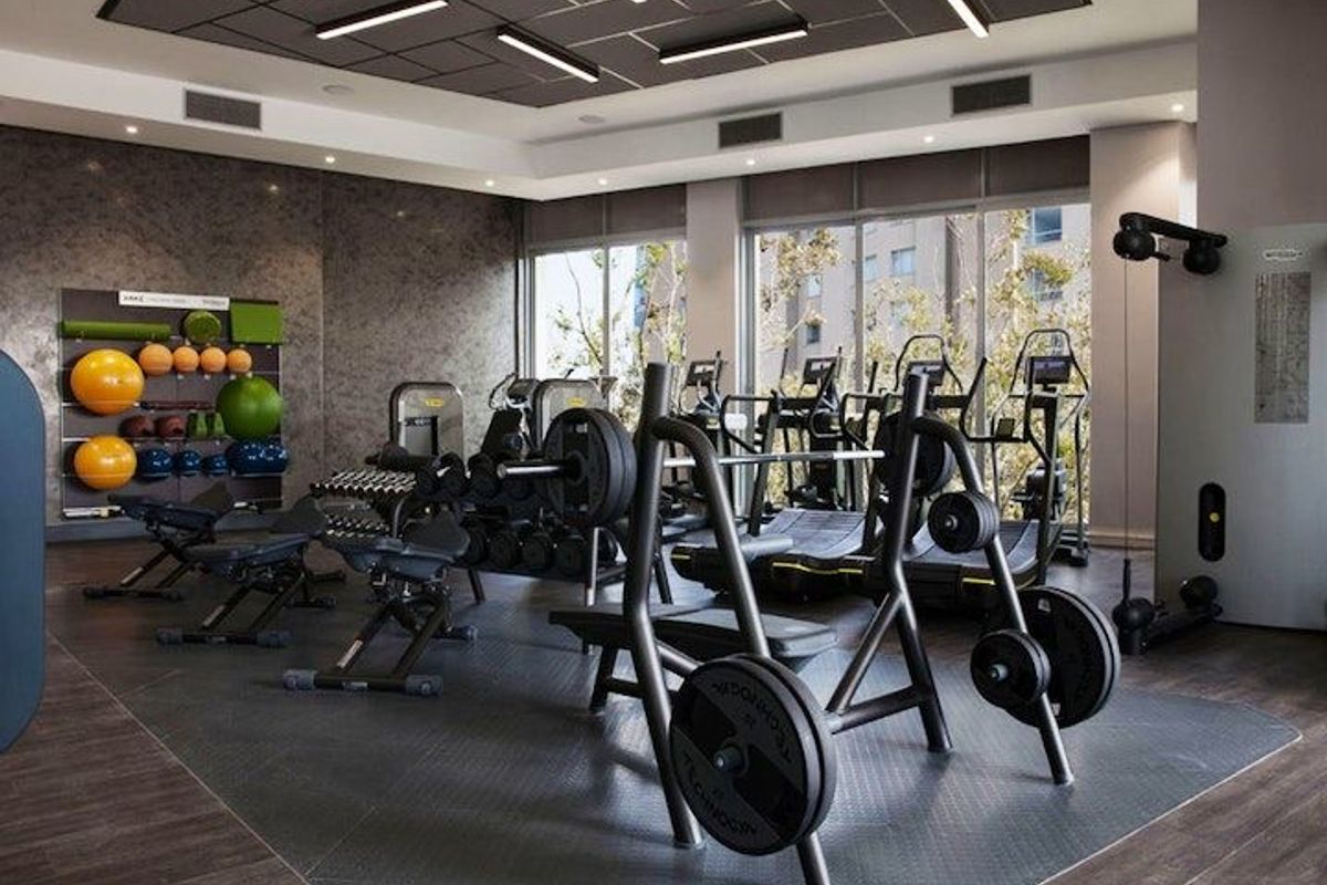 A modern, well-equipped apartment complex gym featuring professional-grade fitness equipment, rubberized flooring, and large windows providing natural light.