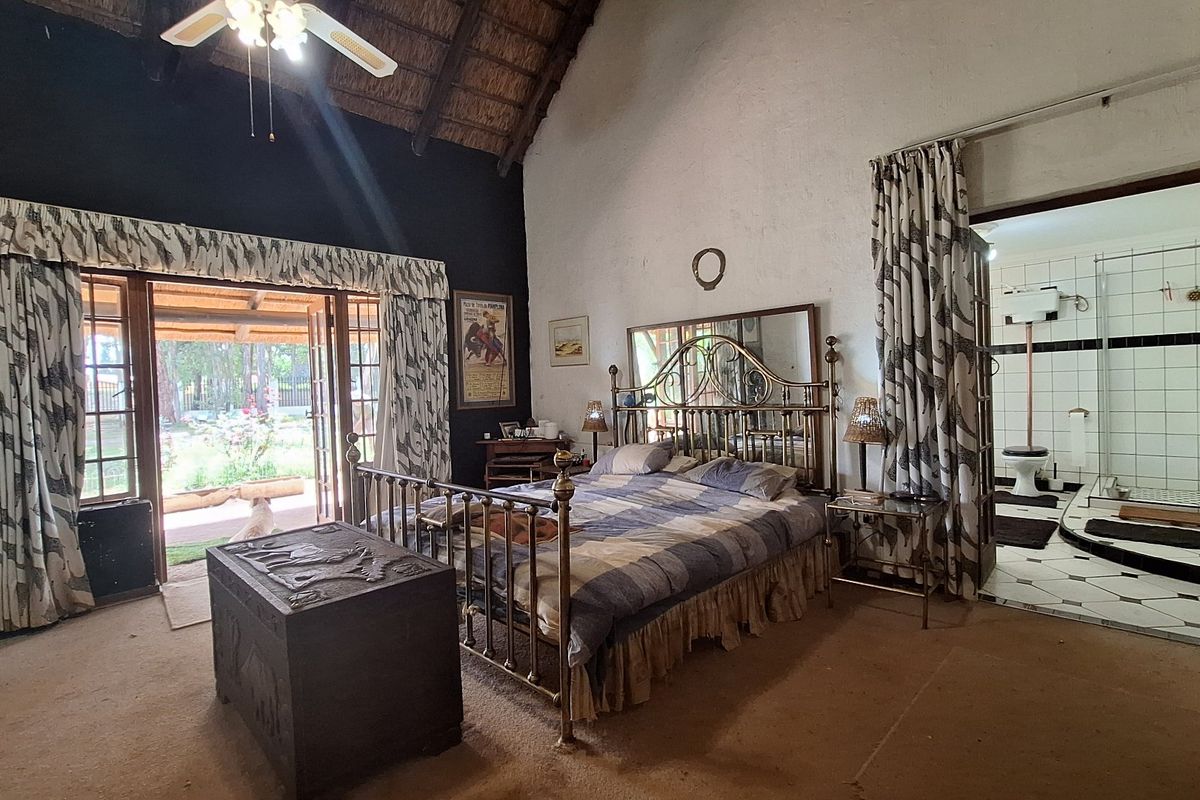 Spacious bedroom featuring a high thatched ceiling with exposed rafters, direct garden access via sliding doors, and an adjoining en-suite bathroom.