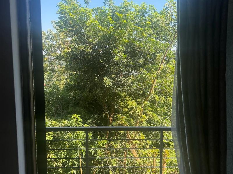 A view from an interior space looking out onto a balcony featuring a metal balustrade and tiled flooring, overlooking lush green trees.