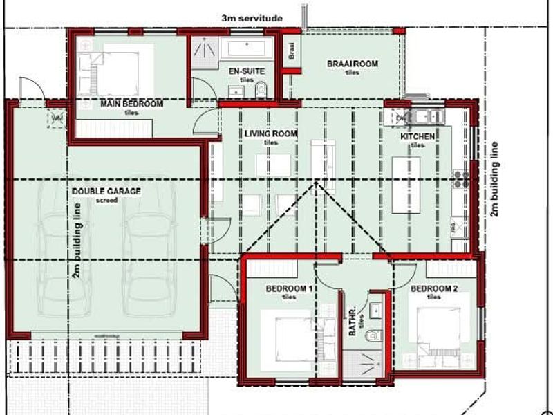 Architectural floor plan for Erf 6124, detailing the layout of the double garage, living areas, kitchen, and three bedrooms.
