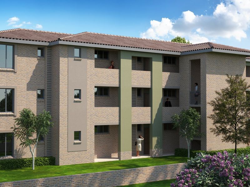 A modern multi-story apartment building featuring a brick facade, tiled roof, and integrated balconies set within a landscaped residential complex.