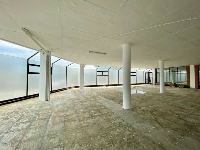 A large, vacant open-plan commercial space featuring structural columns, extensive glass paneling, and worn flooring, offering a blank canvas for renovation.