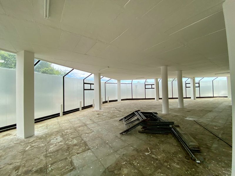 Spacious open-plan commercial area featuring structural columns, large windows with frosted glass panels, and tiled flooring, suitable for various business configurations.