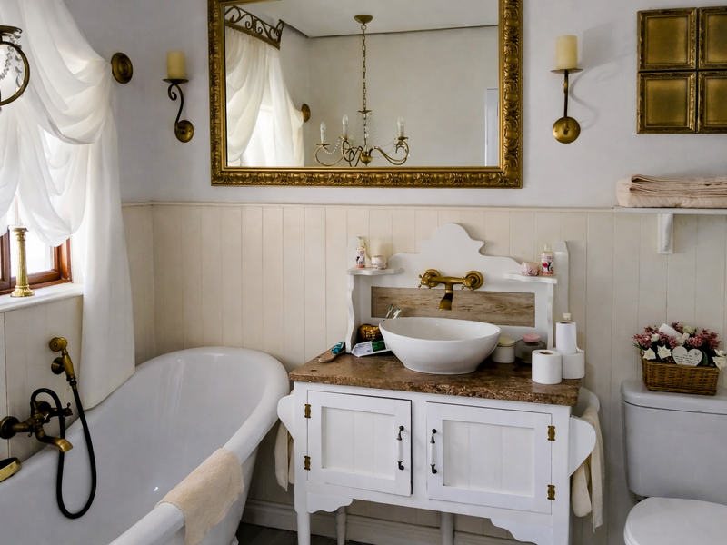 A charming bathroom featuring a freestanding bathtub, a vessel sink with a brass faucet, a vanity cabinet, and classic wainscoting wall paneling.