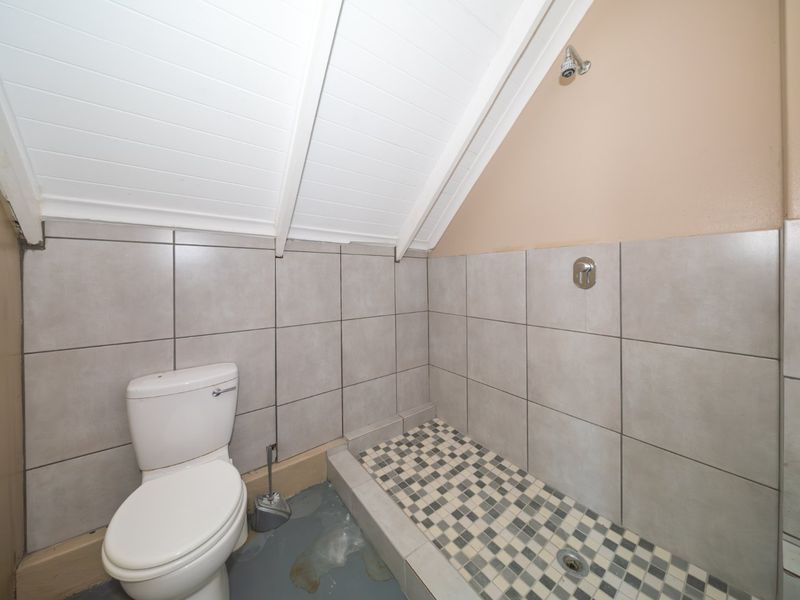 A compact bathroom featuring a toilet and a walk-in shower with tiled finishes and a sloped ceiling, requiring some cosmetic attention.
