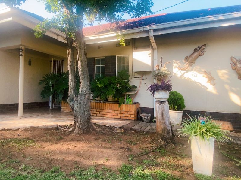 Front view of a single-story house featuring a tiled patio, brick and plastered exterior walls, and a tiled roof.