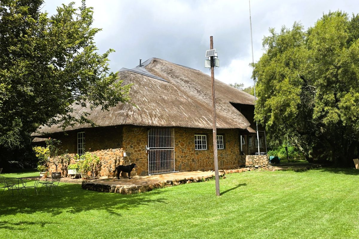 Rear view of a traditional farmhouse featuring stone exterior walls, a classic thatch roof, and a stone patio set within a spacious garden.