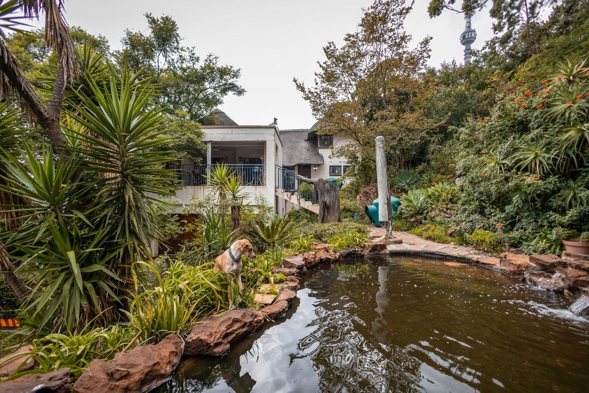 A rear garden view featuring a natural stone-edged pond, lush landscaping, and a multi-level home with a thatched roof and balcony.