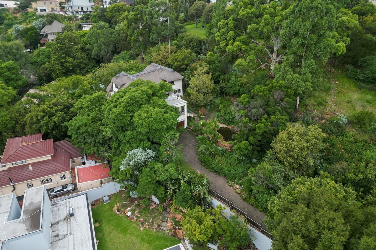 Aerial view of a property featuring a thatched roof house nestled in a lush, tree-filled garden with a private driveway and pond.