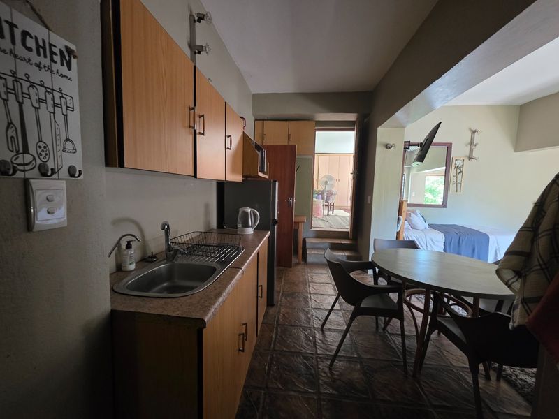 Open-plan apartment layout featuring a compact kitchenette with laminate cabinetry and tiled flooring, flowing into a combined living and sleeping area.