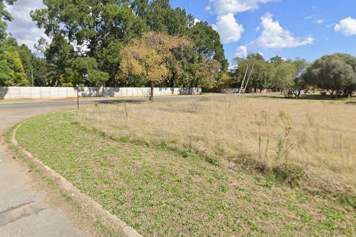 A street-level view of a vacant residential plot featuring established trees and a boundary wall along the roadside.