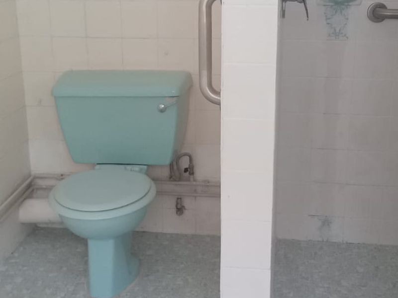A dated bathroom featuring a light blue toilet, a walk-in shower area with grab rails, and original wall and floor tiling.