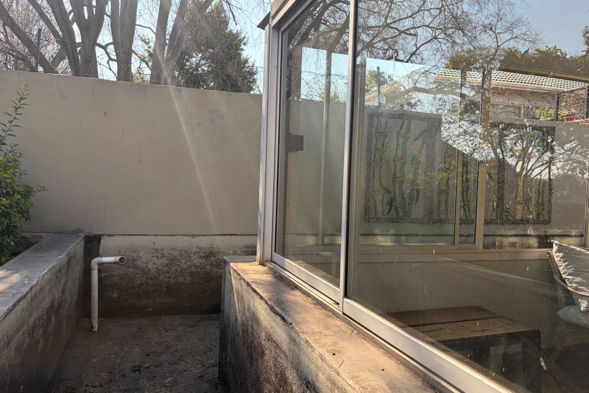 A rear exterior view showing a concrete retaining wall, perimeter boundary wall, and a sliding glass door leading into the property.