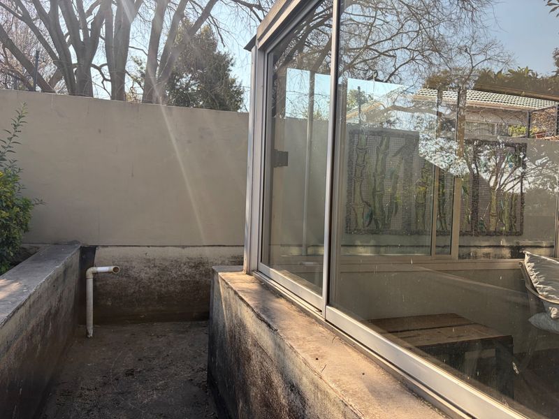 A rear exterior view showing a concrete retaining wall, perimeter boundary wall, and a sliding glass door leading into the property.