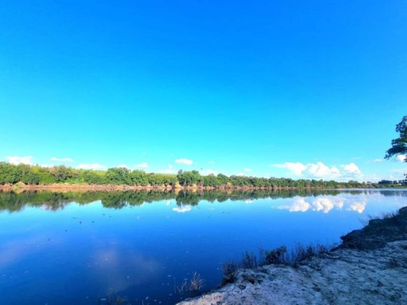 A scenic view of a calm river reflecting the clear blue sky and surrounding natural vegetation on the farm property.