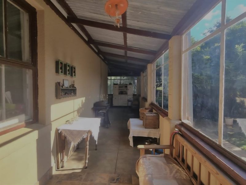 A covered outdoor patio area featuring large glass windows, concrete flooring, and exposed timber rafters, offering a view of the surrounding garden.
