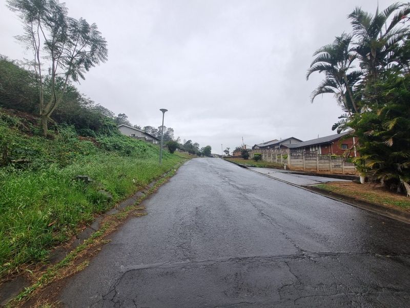 A view of the residential street approach featuring asphalt road surfacing and concrete boundary walls under an overcast sky.