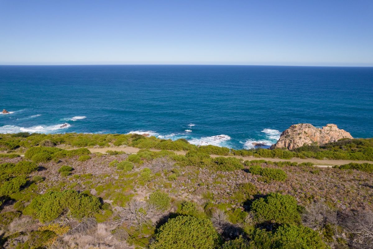 An elevated aerial view of the coastal landscape, showcasing expansive ocean frontage and natural vegetation on the vacant residential land.