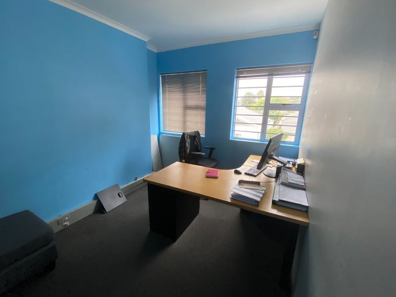 A functional office space featuring blue walls, carpeted flooring, and two windows with fitted blinds, providing natural light for a workspace.