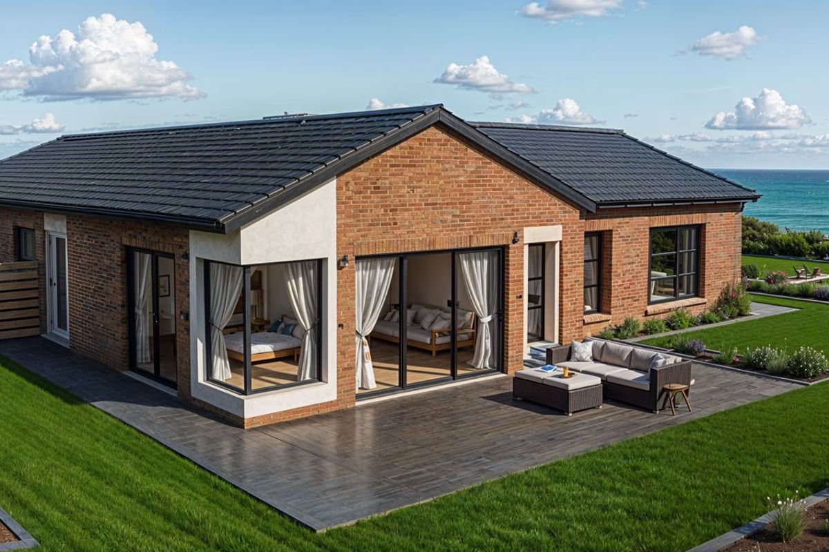 A modern brick-clad coastal home featuring a spacious tiled patio, large sliding glass doors, and expansive landscaped gardens overlooking the ocean.