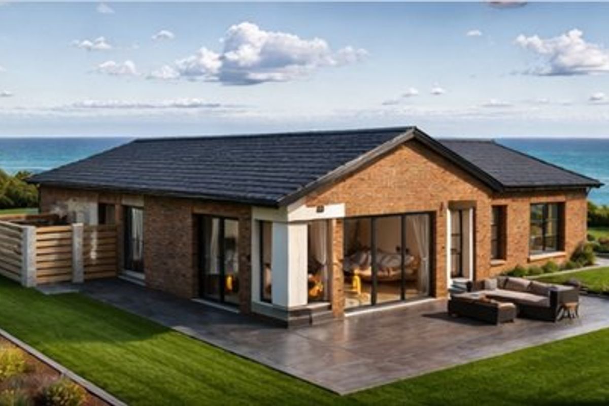 A modern brick-clad single-story residence featuring a spacious tiled patio, expansive lawn, and stunning ocean views.