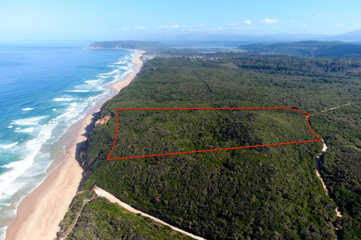 An aerial view of a large, undeveloped coastal residential plot featuring dense indigenous vegetation and direct proximity to the coastline.