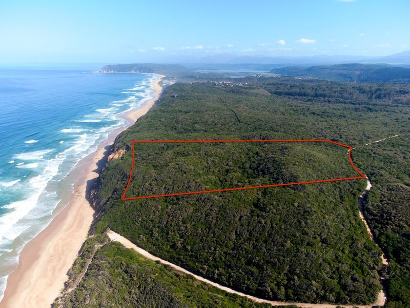 An aerial view of a large, undeveloped coastal residential plot featuring dense indigenous vegetation and direct proximity to the coastline.