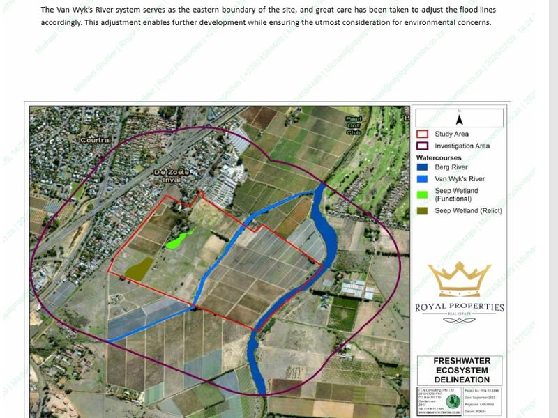 An aerial map showing the freshwater ecosystem delineation, including the river and wetland systems bordering the residential development site.