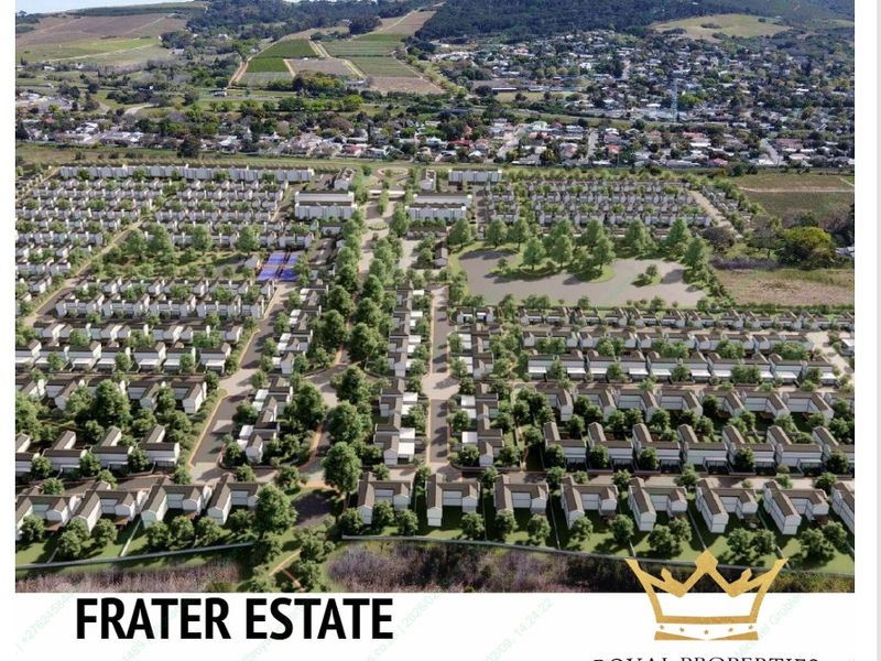 An aerial perspective of the proposed Frater Estate residential development, showcasing the planned layout, green spaces, and integration with the surrounding landscape.
