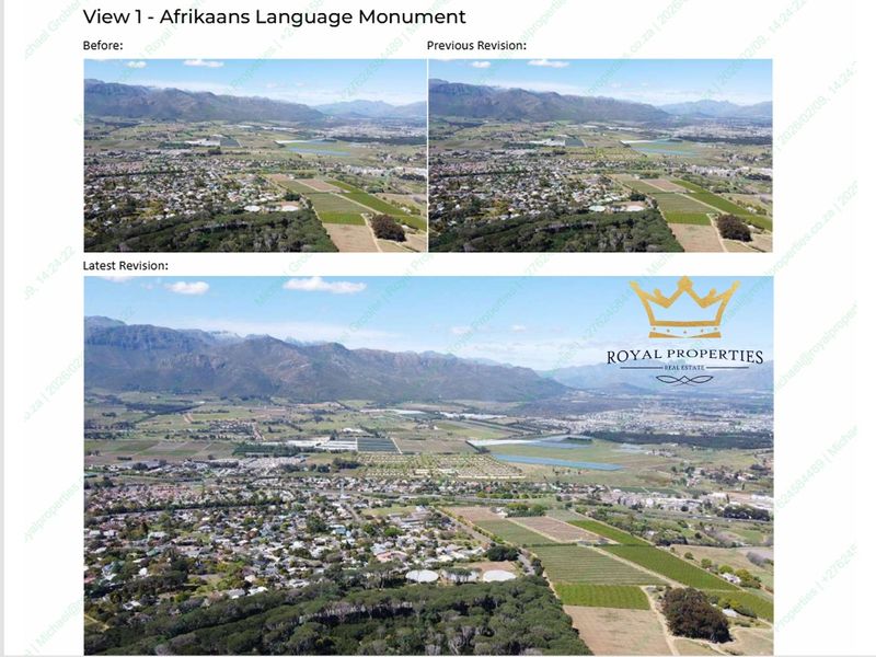 An aerial view showing the surrounding landscape and residential area, presented as a collage with multiple revisions and branding.
