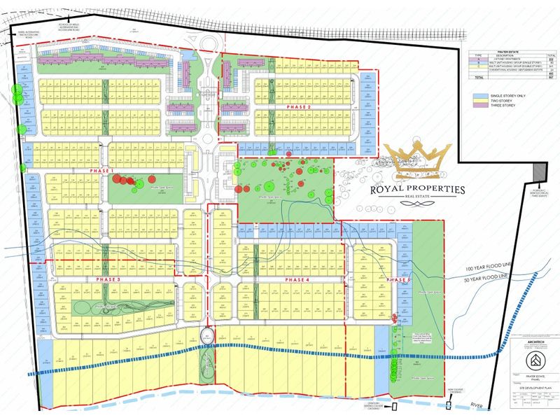 A comprehensive site development plan for the Frater Estate, detailing residential phases, open spaces, and infrastructure layout.