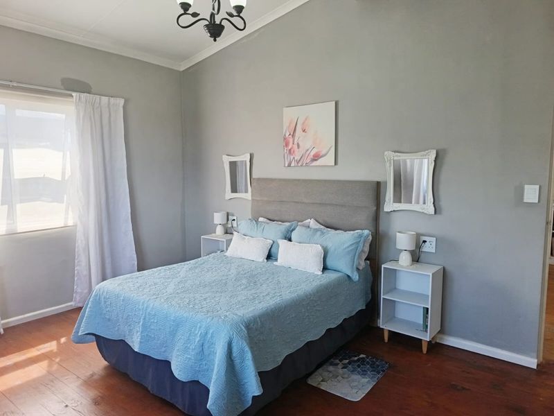 A bedroom featuring timber flooring and a coved ceiling, with a visible damp patch on the wall above the window.