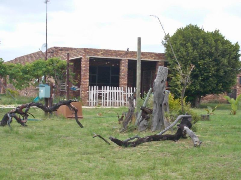 Rear view of a face brick farm dwelling featuring a covered patio area and a large, natural garden setting.