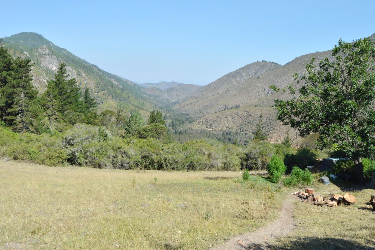 A scenic landscape view overlooking a valley surrounded by rolling mountains and natural vegetation on the farm property.