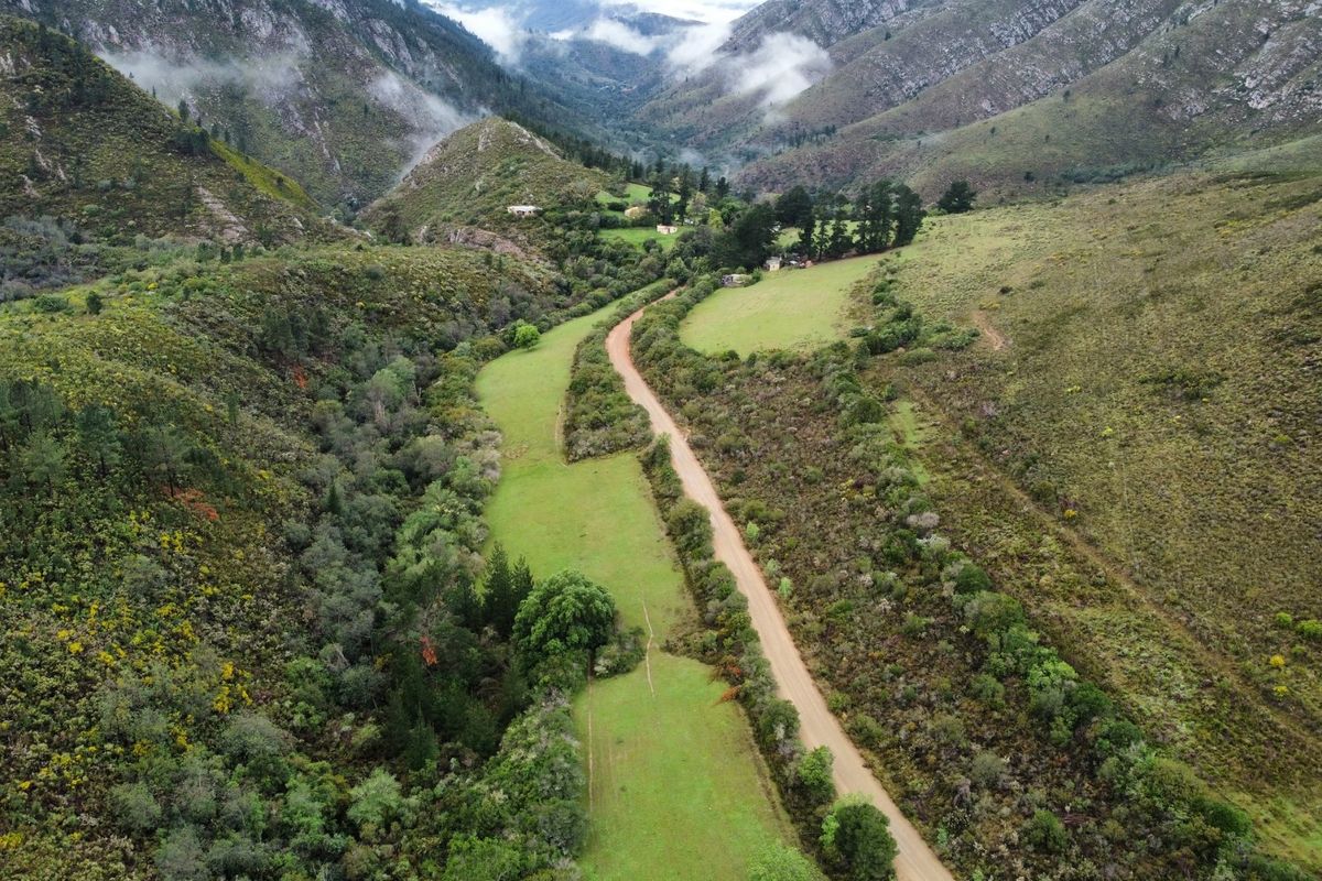 An aerial view of the farm property showcasing the expansive mountainous landscape, natural vegetation, and the access road winding through the pasture land.